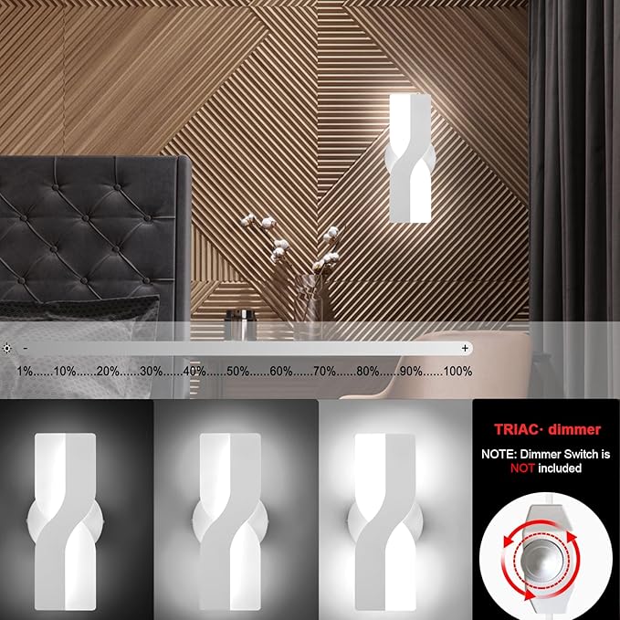 Kawell 12W Minimalist LED Wall Light 1%-100% Dimming Modern Wall Sconce Hardwired Indoor Wall Lamp Square for Bedside Hallway Study Kitchen, White 6000K