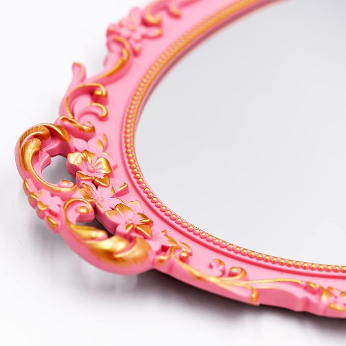 Vintage Decorative Pink Framed Mirror, Wall Hanging Mirrors & Tabletop Tray for Bedroom Living Room Dresser Decor, Oval- 9.6