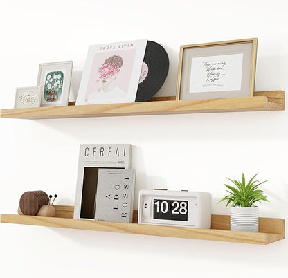 RICHFOCUS Floating Shelves for Wall, 36 inch Solid Wood Picture Ledge Shelf for Wall Storage, Nursery Book Shelves with Lip for Living Room Bathroom Bedroom Kitchen, Set of 2, Natural
