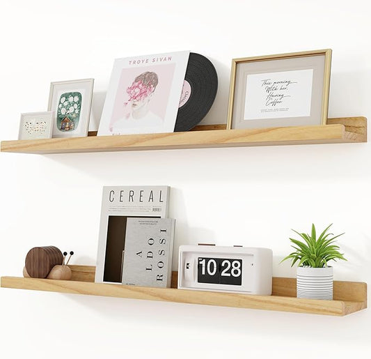 RICHFOCUS Floating Shelves for Wall, 36 inch Solid Wood Picture Ledge Shelf for Wall Storage, Nursery Book Shelves with Lip for Living Room Bathroom Bedroom Kitchen, Set of 2, Natural
