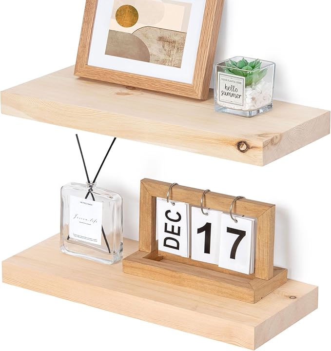 Marsmiles Natural Wood Floating Shelves | Unfinished Wood Wall Shelves Set of 2 | 16