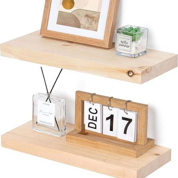 Marsmiles Natural Wood Floating Shelves | Unfinished Wood Wall Shelves Set of 2 | 16" W x 6.7" D Rustic Wooden Floating Shelves for Bathroom Kitchen Living Room Bedroom