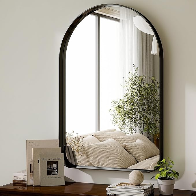 GLSLAND 20”x30“ Arched Bathroom Mirror - Black Aluminum Alloy Framed Wall Mirror, Arch Matted Vanity Mirror for Bedroom, Entryway Home Decor