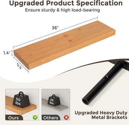 Axeman 36 Inch Floating Shelves for Wall, 9.3" Deep High End Solid Real Wood Wall Shelves with Heavy Duty Invisible Bracket for Living Room, Bedroom, Kitchen, Bathroom, Set of 2, Natural