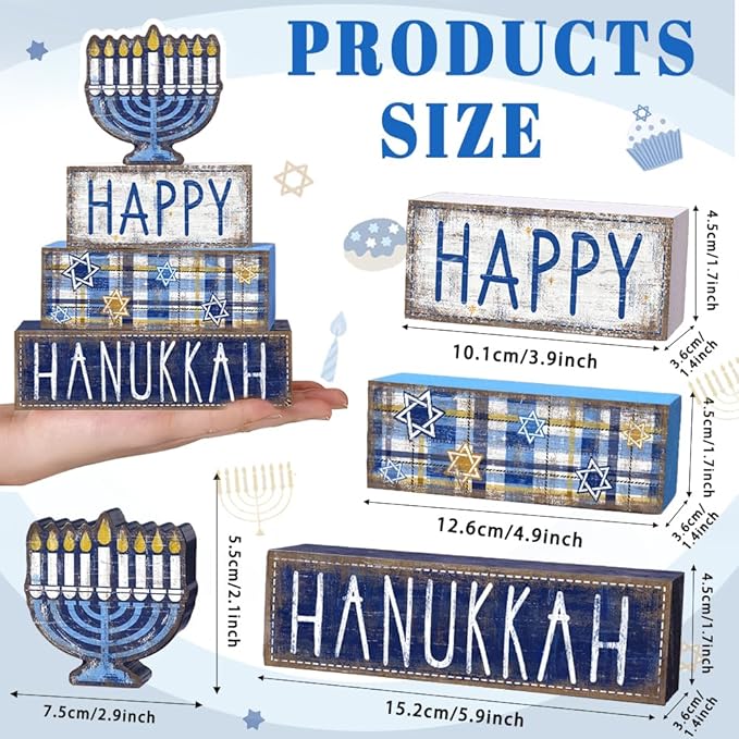 DIYDEC 4Pcs Hanukkah Table Decoration Happy Hanukkah Wooden Block Wooden Menorah Decoration Chanukah Table Centerpiece Sign Jewish New Year Decor for Holiday Gifts Tabletop Fireplace Shelf Desk Party
