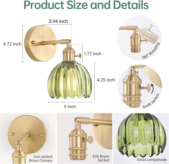 Vintage Wall Sconces Set of 2 with Green Tulip Glass Lampshade 180 Degree Adjustable Brass Sconces Hradwired Modern Wall Lighting Fixture with Switch for Bedside Bedroom Doorway
