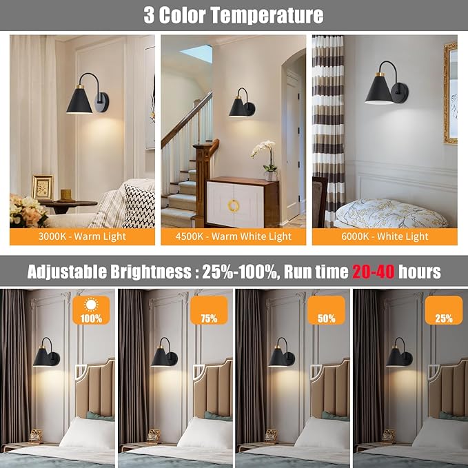 Vintage Cordless Gooseneck Battery Operated Wall Sconces Set of 2, Black Bedside Battery Powered Wall Decor Lamps with Remote Control, Wireless Indoor LED Lights Fixture for Bedroom Hallway
