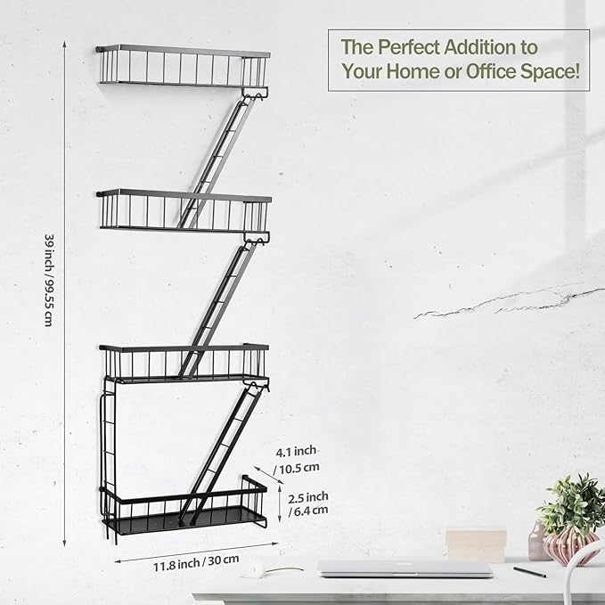 Fire Escape Wall Shelf 4 Tier - NYC Decorative Floating Shelf Black Metal Book Shelves for Home Office Apartment Organizer and Display