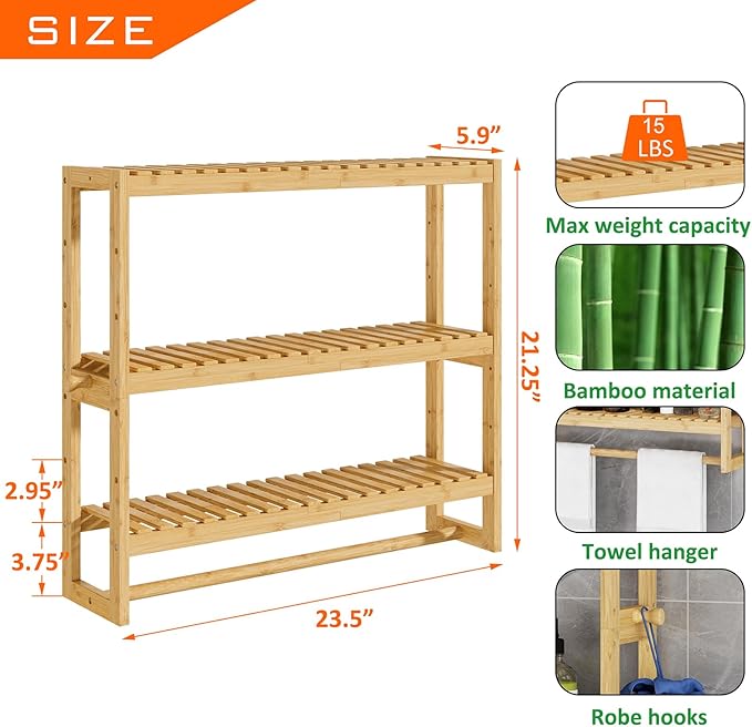 RRX Bathroom Shelf Storage Organizer, Bathroom Shelf 3-Tier Adjustable Layer Bamboo Organizer with Bar, Hanging, Freestanding Over Toilet Utility Shelves, Beige