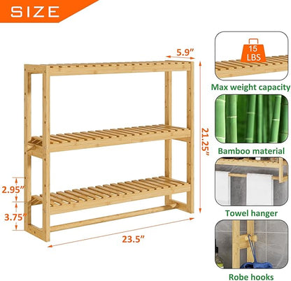 RRX Bathroom Shelf Storage Organizer, Bathroom Shelf 3-Tier Adjustable Layer Bamboo Organizer with Bar, Hanging, Freestanding Over Toilet Utility Shelves, Beige