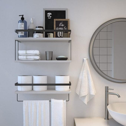 RICHER HOUSE 2+1 Tier Wall Mounted Floating Shelves Set of 2, Rustic Wood Wall Shelf with Metal Frame, Extra Storage Rack for Bathroom, Kitchen, Bedroom with Tissue Rack & Towel Bar - White