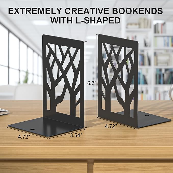 Bookends 8 Pieces, Tree Design Modern Metal Bookends for Shelves, Black Tree Book Ends Decorative Book Organizer for Desk, Decorative Shelve Book Stopper for Home Office