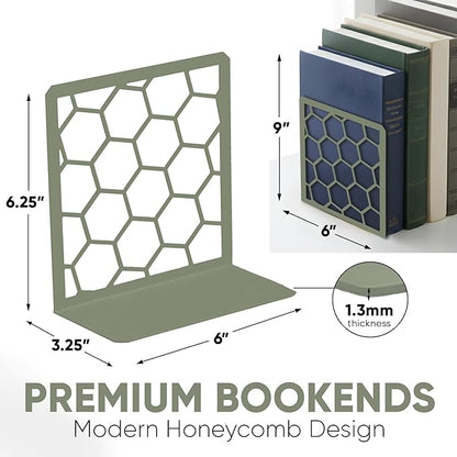 GEOMOD Geometric Honeycomb Sage Metal Bookends Decorative - Tall Sturdy Book Ends for Shelves - Modern Heavy Duty Bookend Stopper - Office or Home Book Shelf Holder - 6x3.25x6.25 Inches-2 Pair