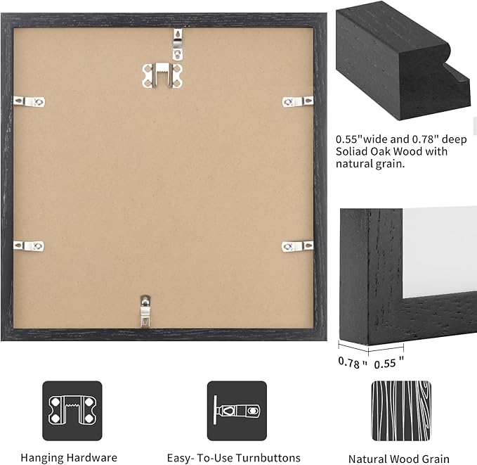 puthiac 16x16 Solid Oak Wood Picture Frame, Fits 12x12 with Mat or 16x16 Without Mat, Wall Display Only, Plexi Front, 3 Pack, Black