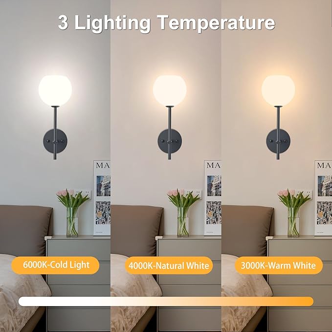 Black Battery Operated Wall Sconces Set of 2, Rechargeable Wireless Wall Lights with Milky White Frosted Glass Shade, 12 RGB and 3CCT Dimmable, Wall Lamps with Remote for Bedroom Living Room Hallway