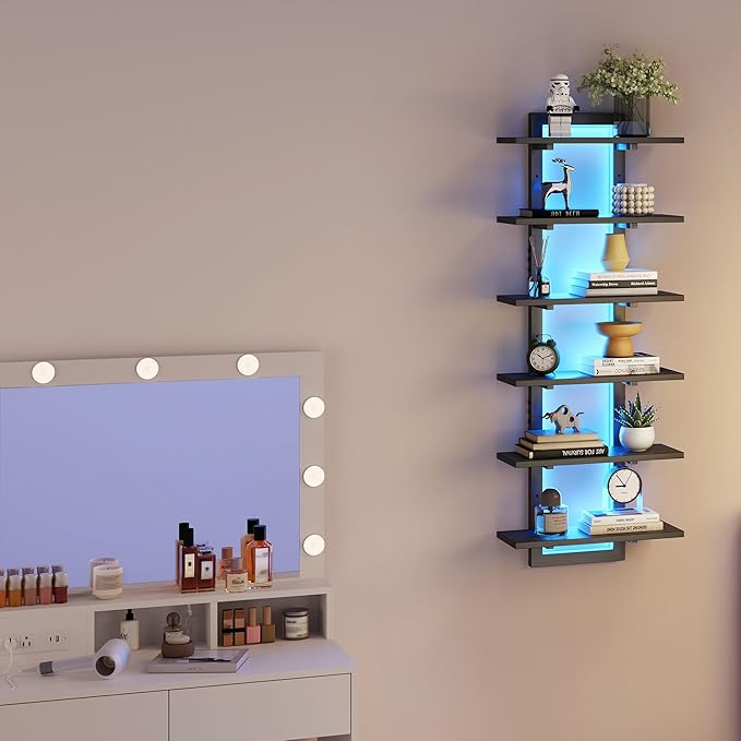 6 Tier Wall Shelf Unit with LED Light, Black Floating Shelf, Vertical Display Shelf, Wall Decor for Bedroom Living Room, Vanity, 15
