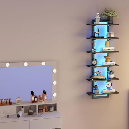 6 Tier Wall Shelf Unit with LED Light, Black Floating Shelf, Vertical Display Shelf, Wall Decor for Bedroom Living Room, Vanity, 15" W x 5.9" D x 43.3" H