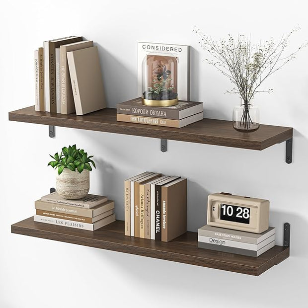 Marsmiles Extra Wide Floating Shelves for Wall, 36x8 Inch Natural Wood Grain Bookshelves, Heavy Duty Mounted Shelving for Bathroom, Kitchen, Living Room, Bedroom,Set of 2，Walnut