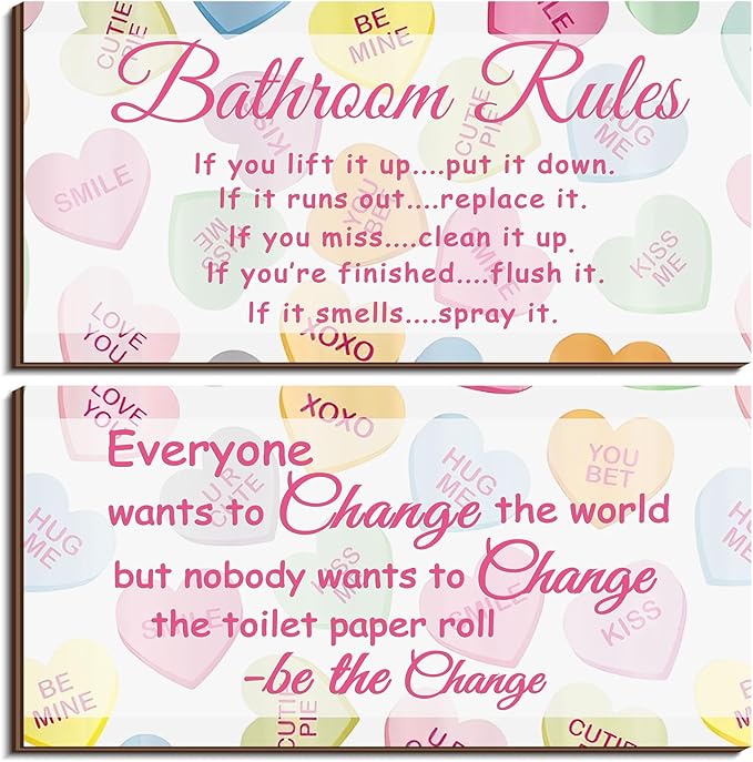 Jetec 2 Pieces Funny Bathroom Signs Bathroom Wall Decor Toilet Wall Accessories Farmhouse Toilet Rustic Wooden Signs, 12x6 Inch(Valentine's Day)