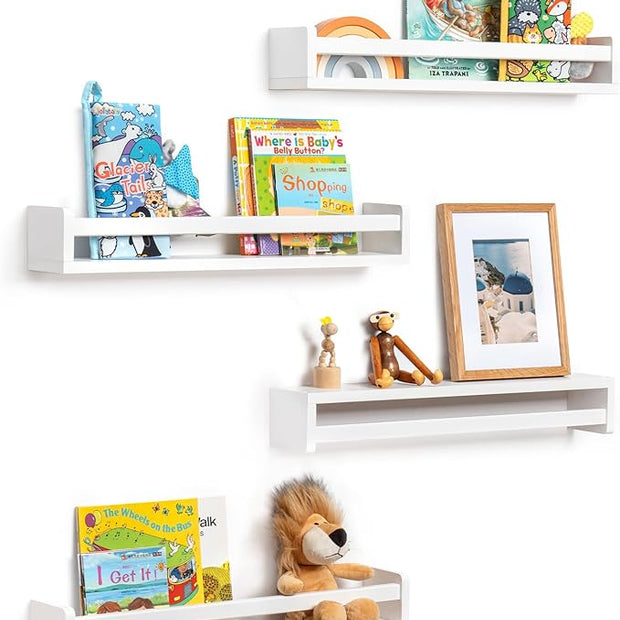 Fun Memories Nursery Book Shelves - Rustic Natural Solid Wood Floating Bookshelf for Kids - Wall Book Shelves for Kids Room (White, 24inch - 4P)