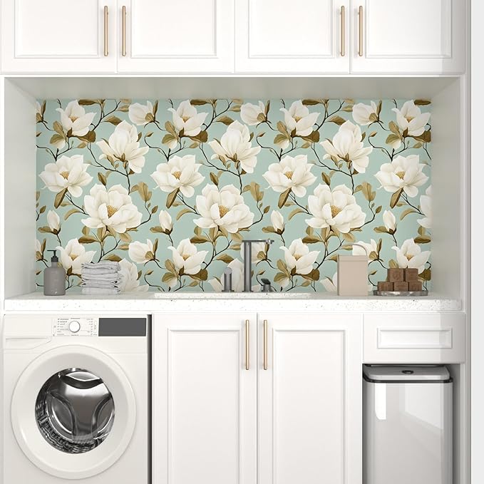 Modern Green White Flowers Wallpaper Blue Floral Peel and Stick Contact Paper 17.5