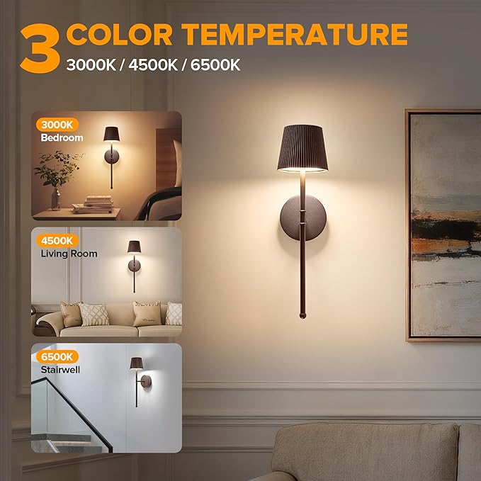 LUTEC Cordless Wall Sconces Set of 2, 5200mAh Wireless Rechargeable Battery Operated LED Wall Lamps, 3 Color Stepless Dimming Portables Lightings for Wall Painting/Living Room/Bedroom/Hallway Decor