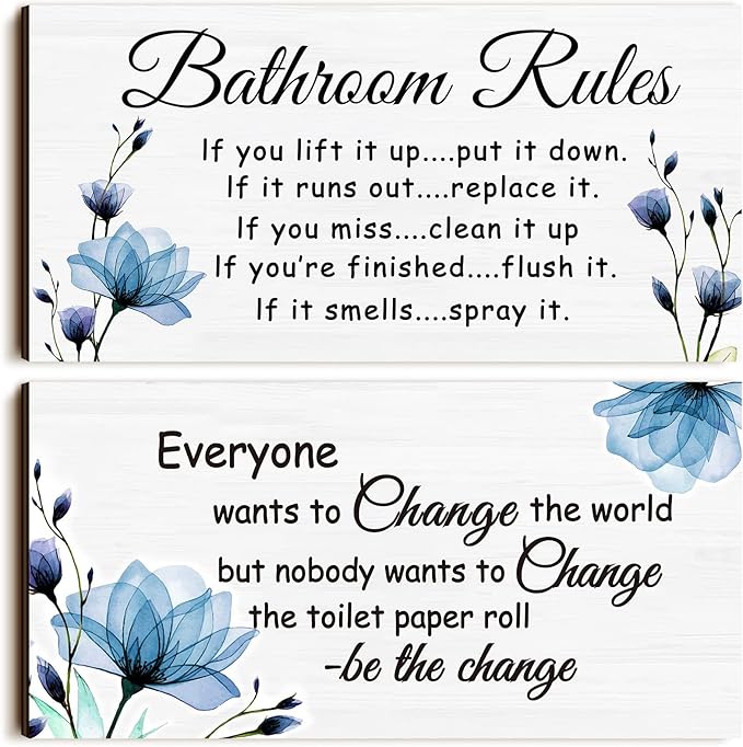 Jetec 2 Pieces Funny Bathroom Signs Bathroom Wall Decor Toilet Wall Accessories Farmhouse Toilet Rustic Wooden Signs, 12x6 Inch(Blue Floral)