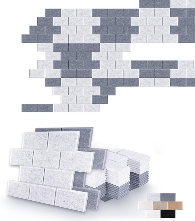 WoveN SounD Brick Acoustic Wall Panels Seamless Visual, High Density, Sound Proof Wall Decor, Noise Blocker Felt Wall Tiles for Home, Studio, Office & Focus Zones (Moon & Silver Gray), 16x12x0.4 Inch