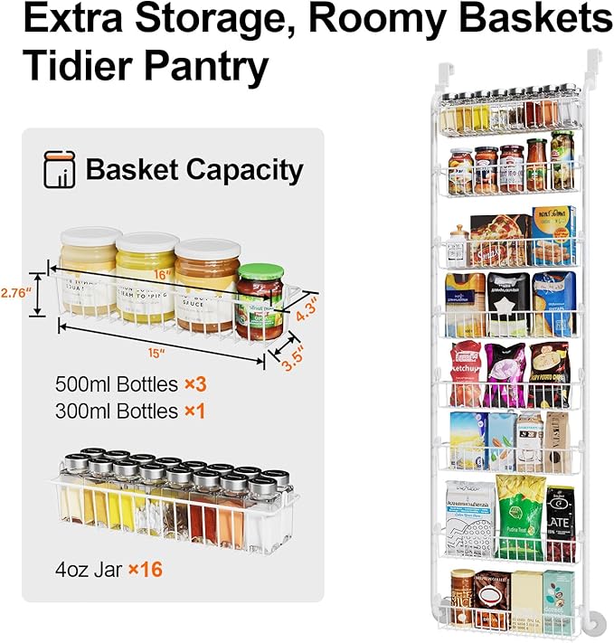 Delamu Over The Door Pantry Organizer, 8-Tier Metal Pantry Door Organization and Storage for Easy Install, Hanging Spice Rack Seasoning Shelves, Door Organizer for Kitchen, 4.65