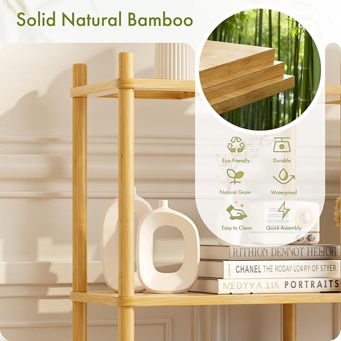 3 Tier Book Shelf, Wide Bamboo Bookshelf, Bookcase with 6 Open Display Shelves, Bookshelves Storage Organizer for Small Place, Standing Shelf Units for Living Room, Bedroom, Bathroom, Office
