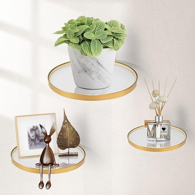 ZEXUIRU 3 Set Glass Decorative Floating Shelves Metal Frame Display Shelf Wall Decor for Home Office Mixed Size