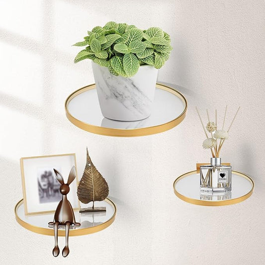 ZEXUIRU 3 Set Glass Decorative Floating Shelves Metal Frame Display Shelf Wall Decor for Home Office Mixed Size
