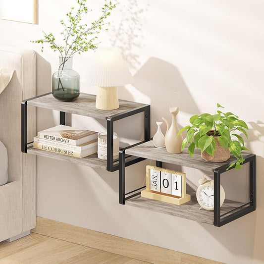 Floating Nightstand Set of 2, Wood Bedside Shelf Wall Mounted Nightstand with Heavy-Duty Frame, Floating Bedside Table for Bedroom, Bathroom, Kitchen, (Vintage Grey, 2 Pack)