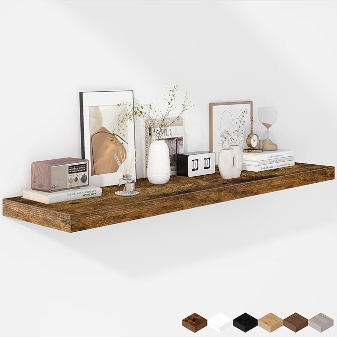 Fun Memories Floating Shelves - 12 Inch Rustic Wooden Wall Shelves - Extra Deeper & Thicker Wall Mounted Storage Shelf for Living Room, Kitchen, Farmhouse - 48