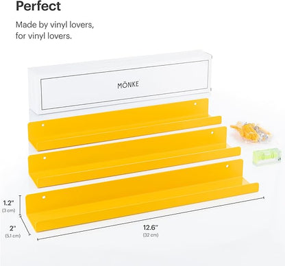 Vinyl Record Shelf - 3 Metal Display Shelves - Wall Mount Now-Playing Vinyl Shelves - an Album Record Holder That Doubles as a Picture Ledge - Fits All Records (Yellow)