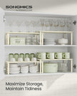 SONGMICS Cabinet Organizer Shelf, Set of 2 Kitchen Counter Shelves, Kitchen Storage, Spice Rack, Stackable, Expandable, Metal and Engineered Wood, Cream White UKCS200W02