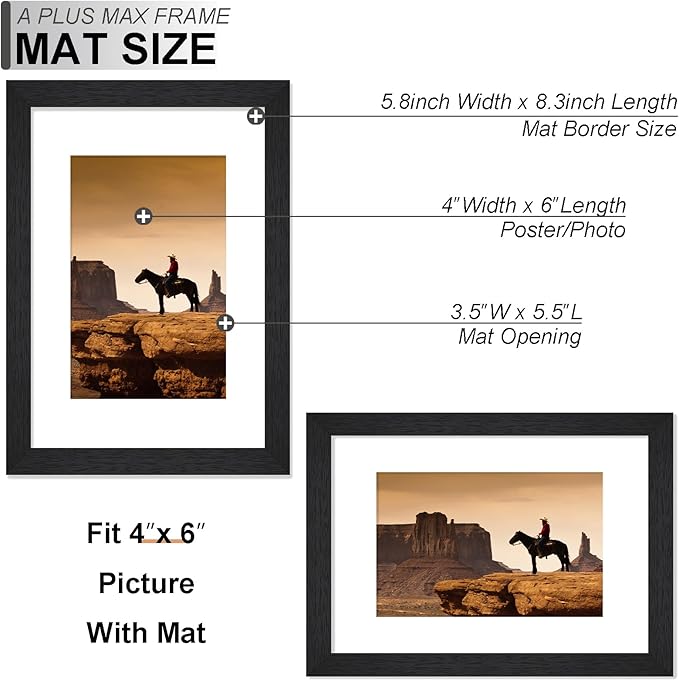 A PLUS MAX Black A5 Frame Set of 6, Engineered Wood Frame Display 4x6 Picture with Mat or Papaer Size A5 without Mat, A5 Frame with Wood-grain for Photo 5.8 x 8.3 inch for Wall - 6 Packs