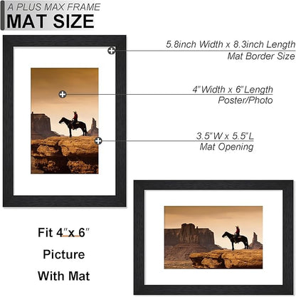 A PLUS MAX Black A5 Frame Set of 6, Engineered Wood Frame Display 4x6 Picture with Mat or Papaer Size A5 without Mat, A5 Frame with Wood-grain for Photo 5.8 x 8.3 inch for Wall - 6 Packs