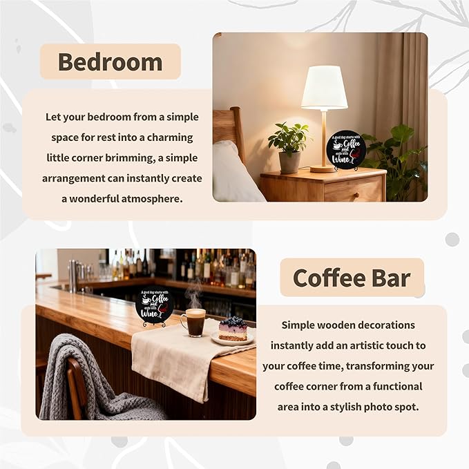 Coffee And Wine Desk Decor Sign, Rustic Funny Wooden Box Plaque, A Good Day Starts With Coffee And Ends With Wine Wood Sign, Decor For Home Kitchen Table Top, Wooden Round With Stand-19