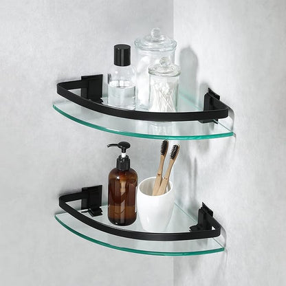 KES Bathroom Tempered Glass Shelf with Rail Extra 8 MM-Thick 2 Pack Aluminum Corner Triangle Storage Organizer Wall Mount Black, A4120A-BK-P2