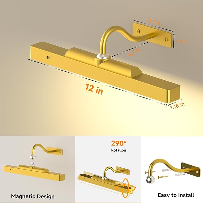 Wireless Picture Light Gold,Battery Operated Art Lighting LED,Cordless Remote Dimmable Magnetic Lighting for Living Room Bedroom(12 in, 2 Pack)