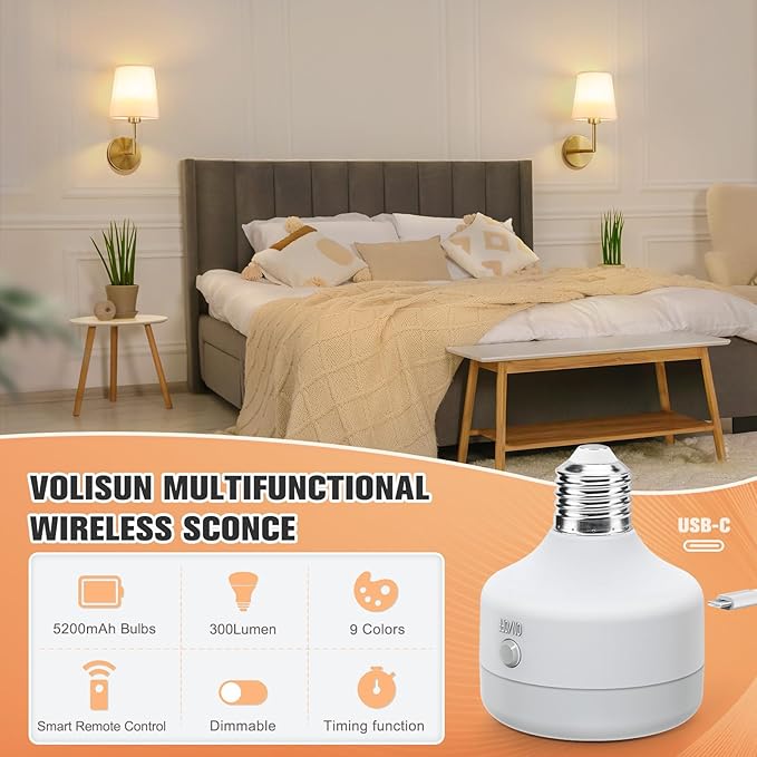VOLISUN Battery Operated Wall Sconce Set of Two,Gold Wireless Sconces Set of 2 Rechargeable,Battery Operated Wall Lights for Bedroom Living Room Hallway(9 Colors)