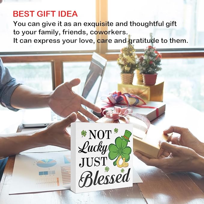 St Patricks Day Decor - St. Patrick's Day Decorations - No Lucky Just Blessed Wooden Sign Home Bathroom Toilet Desk Table Shelf Decor - 5 x 5 Inches