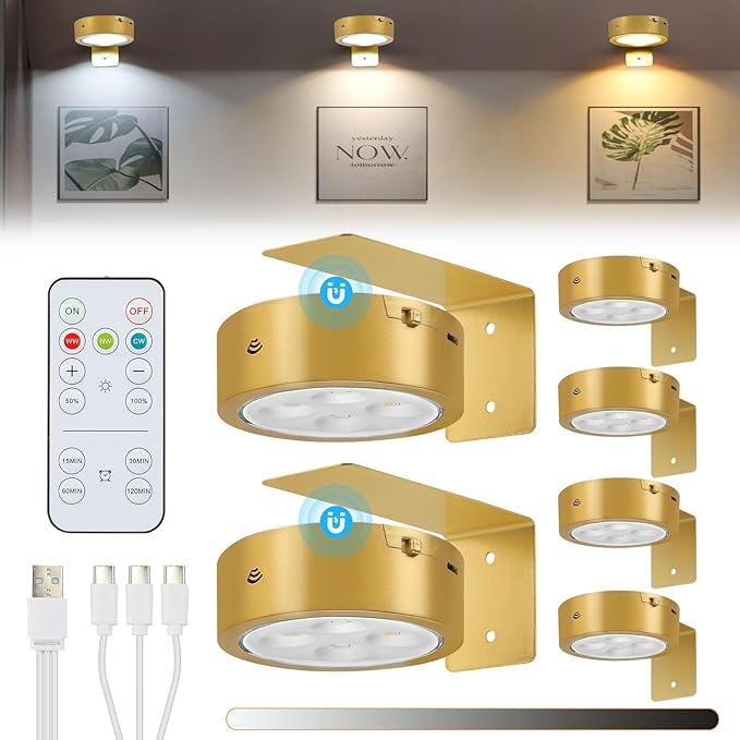 6Pcs Rechargeable Picture Lights,Battery Operated Wall Lights for Pictures with Remote Dimmable and Timer, 3 Lighting Modes Wireless Art Display Light for Picture Frame Paintings-Gold