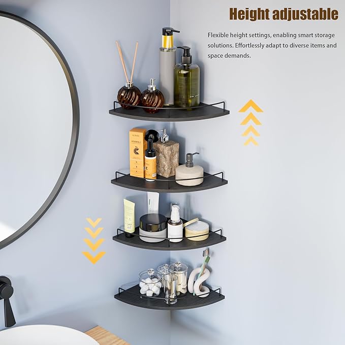 Corner Shelf Wall Mount, Floating Corner Shelves, Set of 4 Corner Wall Shelf Organizer,Rustic Wood Wall Storage Display Shelves forLiving Room Bedroom Bathroom Kitchen,Black