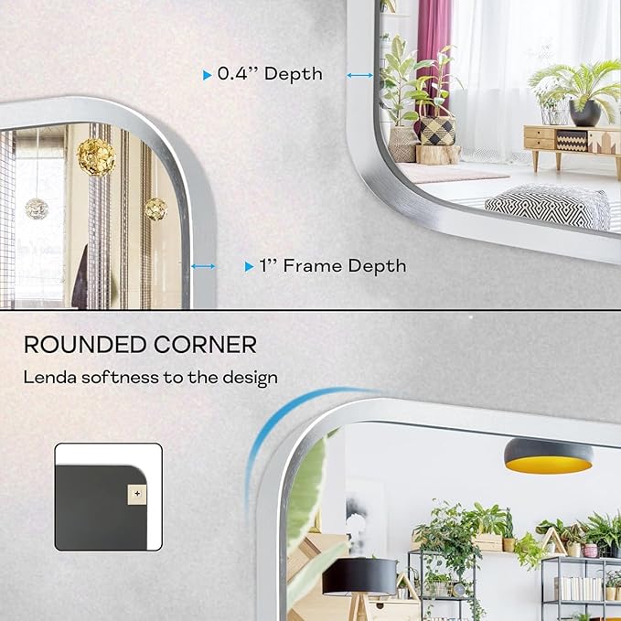 Brushed Nickel Bathroom Wall Mirror, Silver Metal Framed Large Rounded Corner Rectangle Mirror, Tempered Glass, Shatter Proof, Hangs Horizontally or Vertically (30