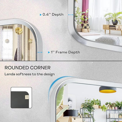 Brushed Nickel Bathroom Wall Mirror, Silver Metal Framed Large Rounded Corner Rectangle Mirror, Tempered Glass, Shatter Proof, Hangs Horizontally or Vertically (30" x 48", Silver)
