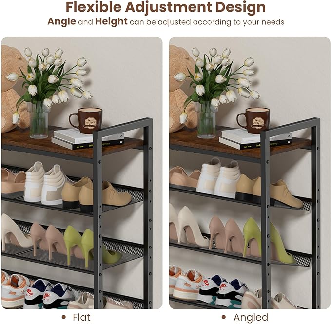 5 Tier Shoe Rack for Entryway, Metal Shoe Rack Heavy Duty with Wooden Top & Adjustable Mesh Shelves, Shoe Storage Organizer for Front Door Entrance/Closet/Bedroom/Dorm/Garage