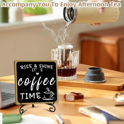 2Pcs Coffee Bar Sign Decorations, Black and White Coffee Sign Decor with Iron Stand Wooden Coffee Bar Decor Tabletop Shelf Accessories, Coffee Decorations for Coffee Bar Coffee Station Home Farmhouse