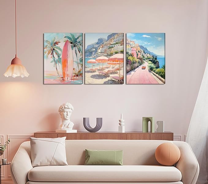 Pink Beach Wall Art Set of 3, Preppy Coastal Wall Decor Paintings, Italy Amalfi Coast Poster Canvas Prints, Beachy Surf Pictures Aesthetic for Teen Girls Bedroom Living Room Dorm 16x24 inch Framed